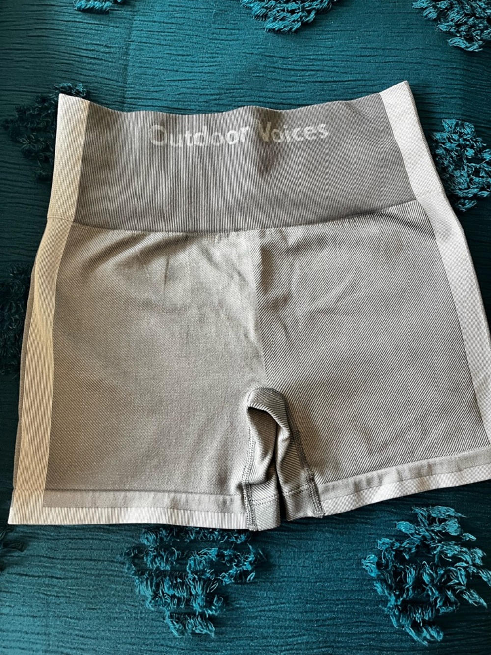 Outdoor Voices Light Gray High-Rise Bike Shorts with Side Stripes